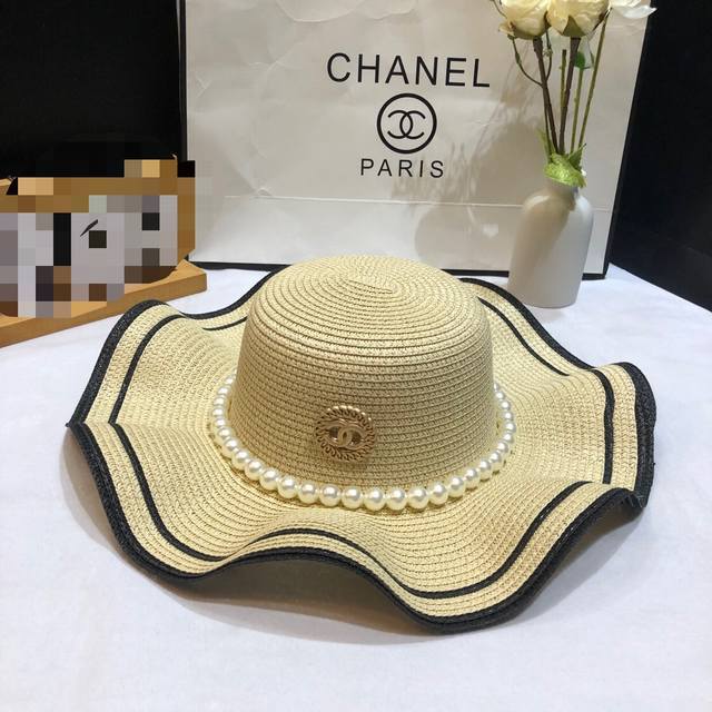 Chanel香奈儿草帽大珍珠波浪草帽